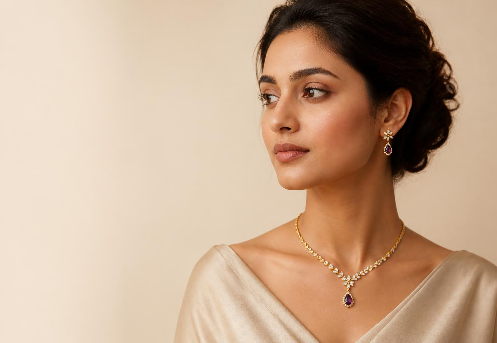 Woman wearing an elegant gold-toned necklace and matching earrings